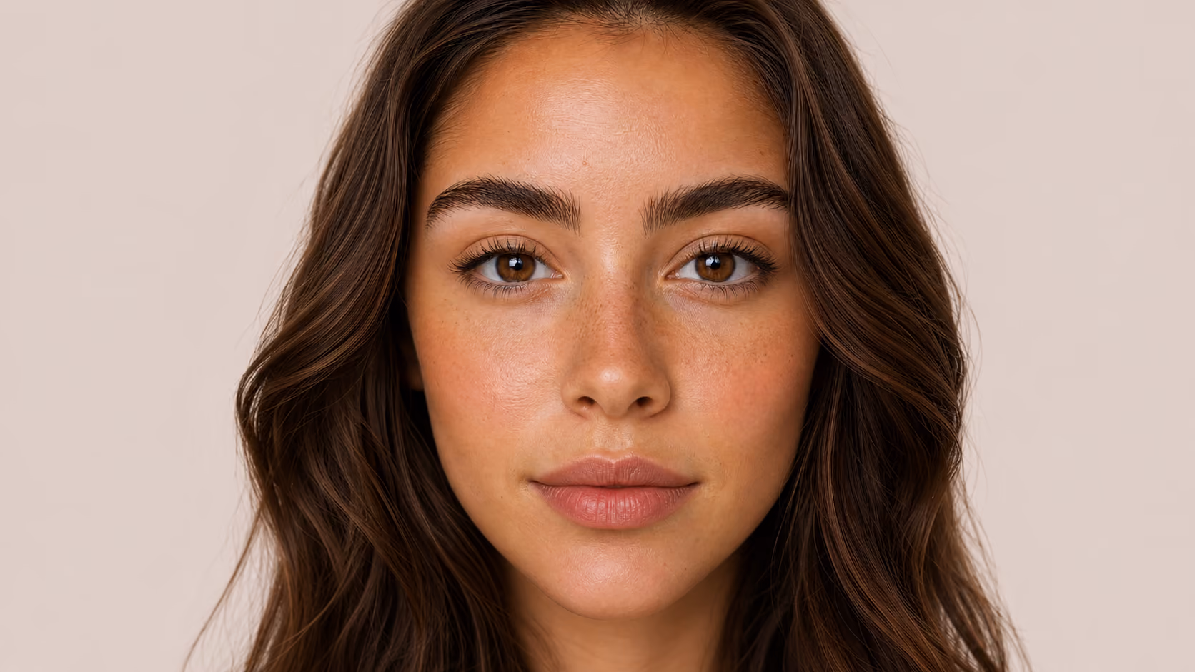 Rostro de modelo de frente — servicios de Estudio Antonella Paludi: cejas, pestañas, ojeras, pecas y labios