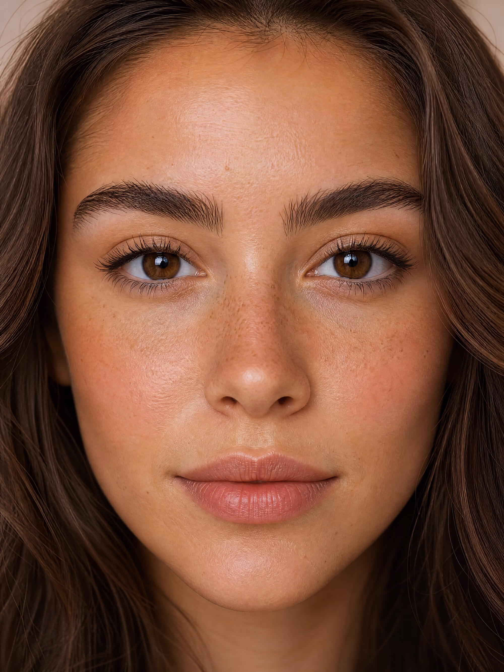 Rostro de modelo en primer plano, foco en cejas, pestañas y labios — Estudio Antonella Paludi